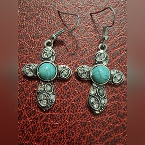 Silver Tone Faux Turqouise Stone Rhinestone Cross Earrings